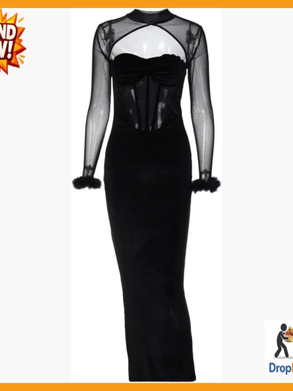 Velvet Corset Maxi Dress Elegant Sheer Mesh Long Sleeve Feather Cuff Evening